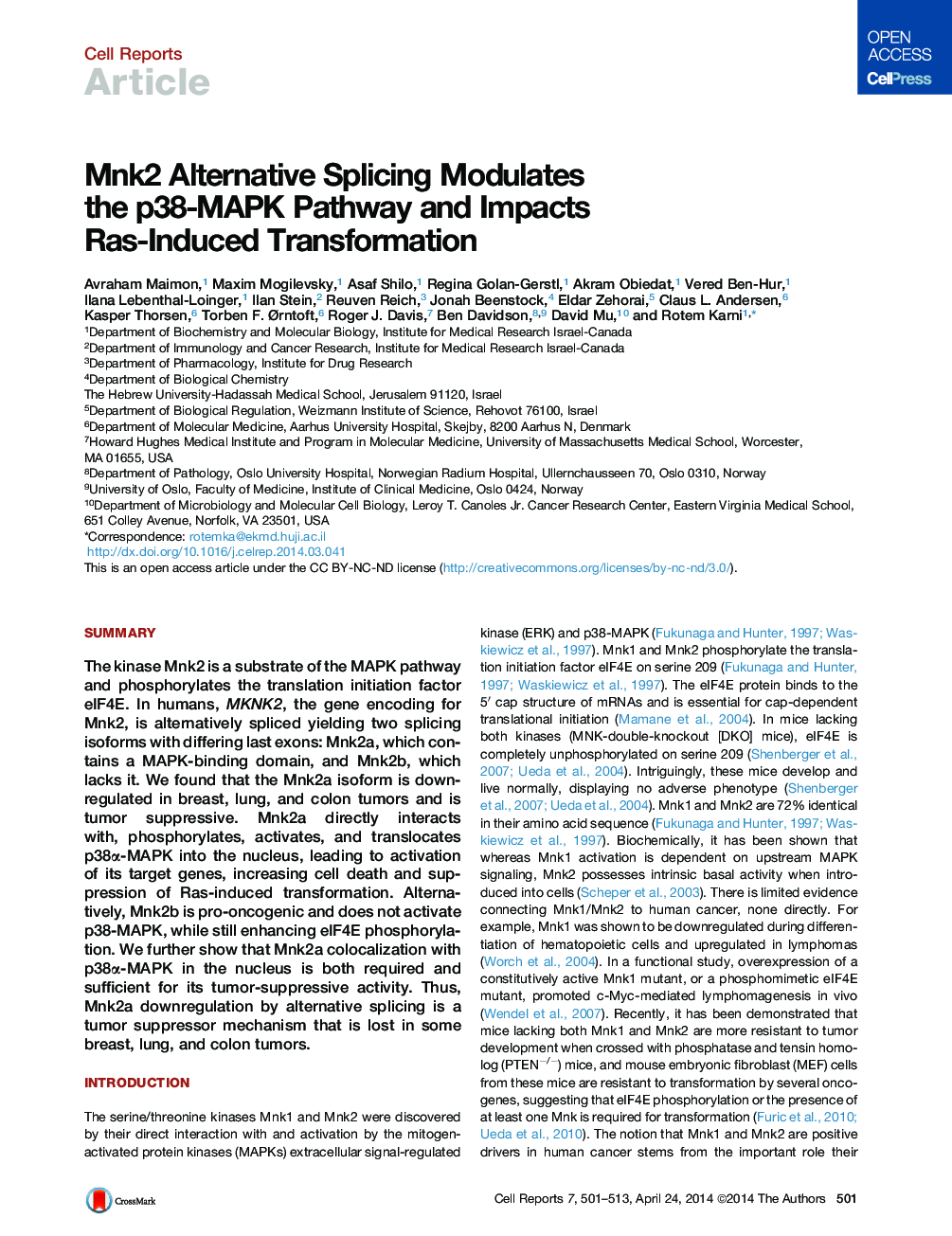 Mnk2 Alternative Splicing Modulates the p38-MAPK Pathway and Impacts Ras-Induced Transformation 