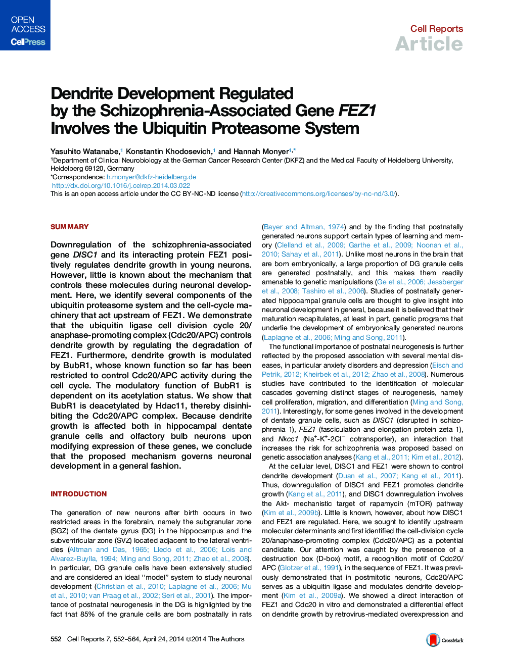 Dendrite Development Regulated by the Schizophrenia-Associated Gene FEZ1 Involves the Ubiquitin Proteasome System 