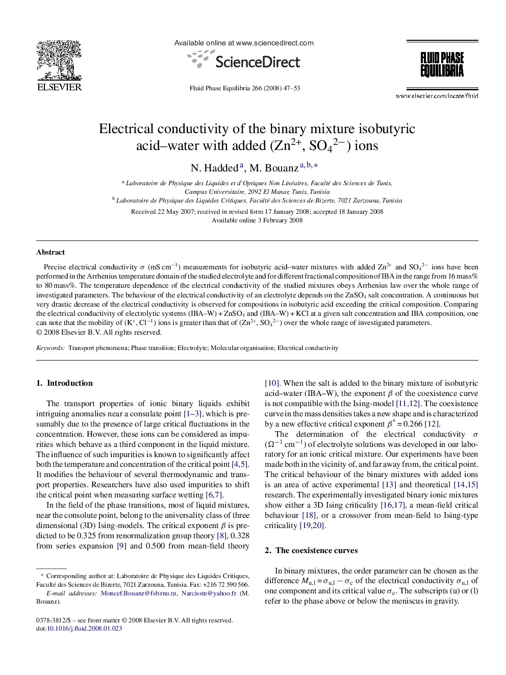 Electrical conductivity of the binary mixture isobutyric acid–water with added (Zn2+, SO42−) ions