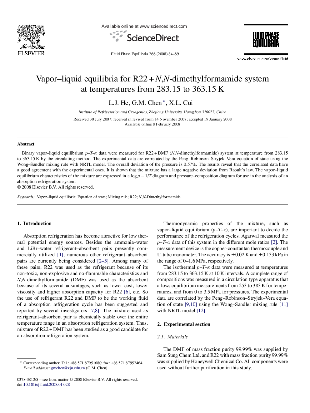 Vapor–liquid equilibria for R22 + N,N-dimethylformamide system at temperatures from 283.15 to 363.15 K