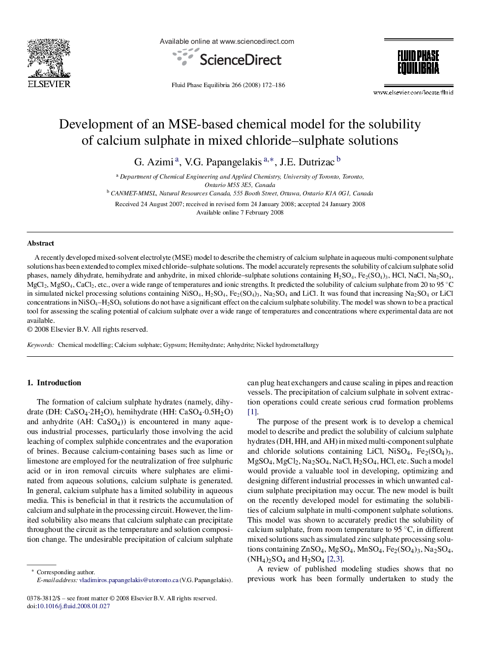 Development of an MSE-based chemical model for the solubility of calcium sulphate in mixed chloride–sulphate solutions