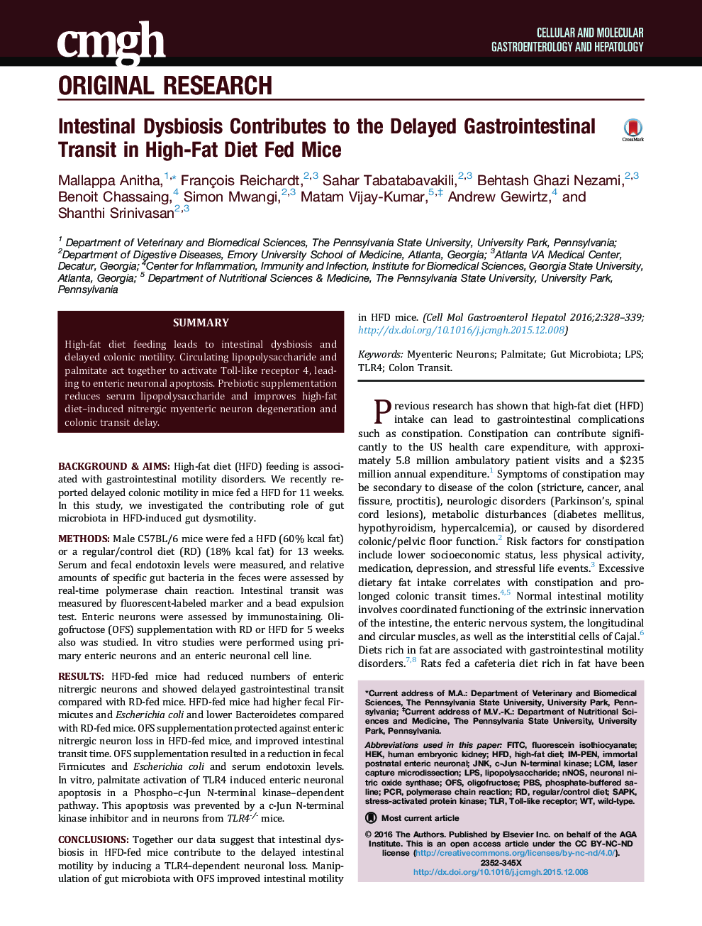 Intestinal Dysbiosis Contributes to the Delayed Gastrointestinal Transit in High-Fat Diet Fed Mice 