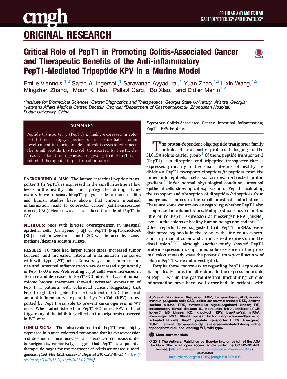 Critical Role of PepT1 in Promoting Colitis-Associated Cancer and Therapeutic Benefits of the Anti-inflammatory PepT1-Mediated Tripeptide KPV in a Murine Model 