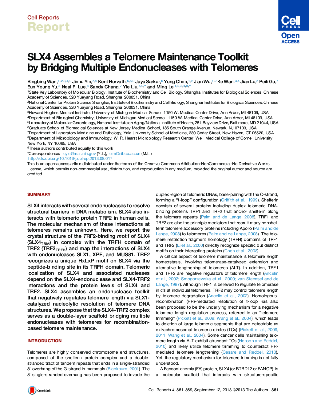 SLX4 Assembles a Telomere Maintenance Toolkit by Bridging Multiple Endonucleases with Telomeres 