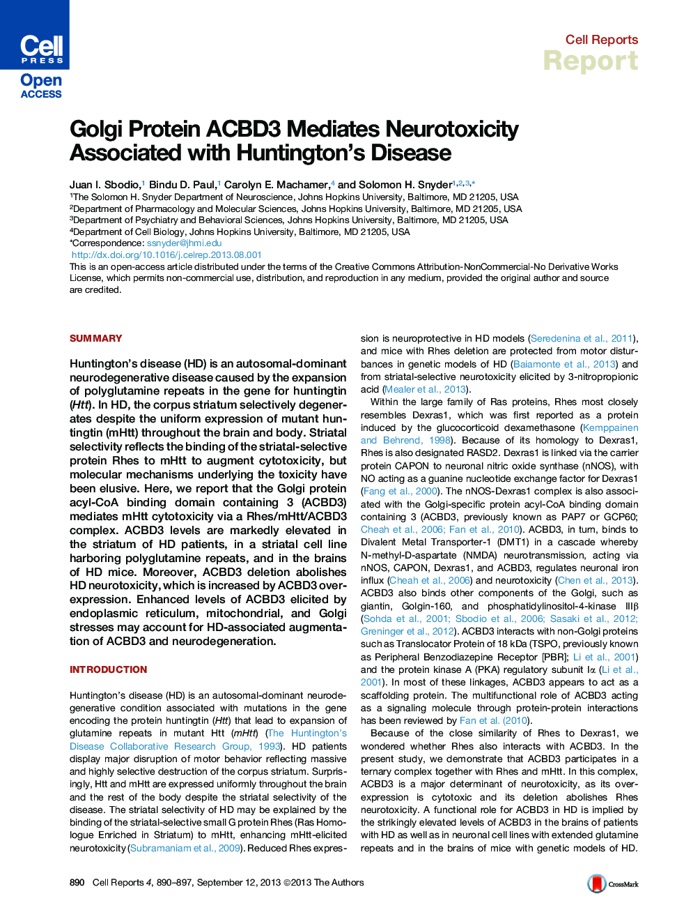 Golgi Protein ACBD3 Mediates Neurotoxicity Associated with Huntington’s Disease 