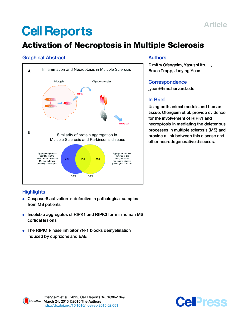 Activation of Necroptosis in Multiple Sclerosis 