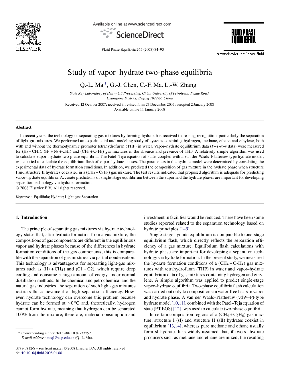 Study of vapor–hydrate two-phase equilibria