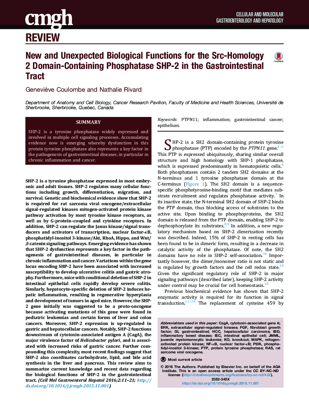 New and Unexpected Biological Functions for the Src-Homology 2 Domain-Containing Phosphatase SHP-2 in the Gastrointestinal Tract 