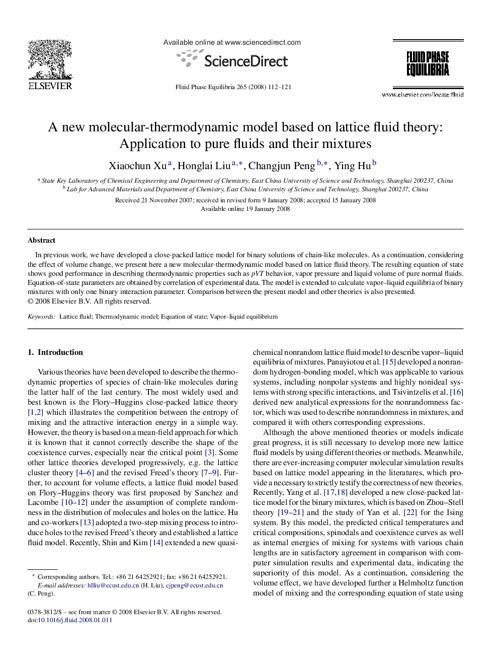 A new molecular-thermodynamic model based on lattice fluid theory: Application to pure fluids and their mixtures