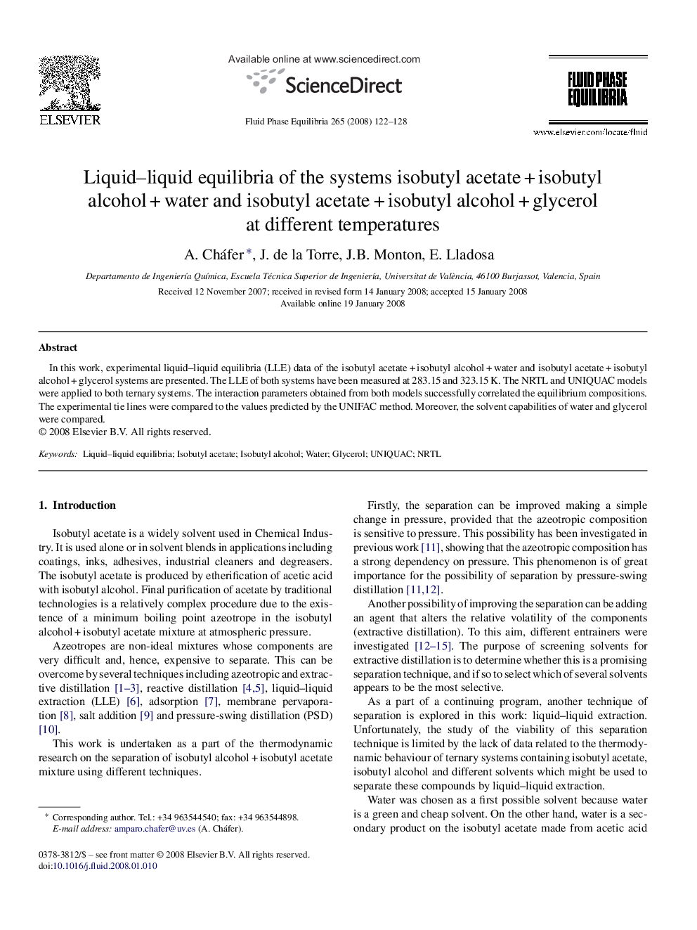 Liquid–liquid equilibria of the systems isobutyl acetate + isobutyl alcohol + water and isobutyl acetate + isobutyl alcohol + glycerol at different temperatures