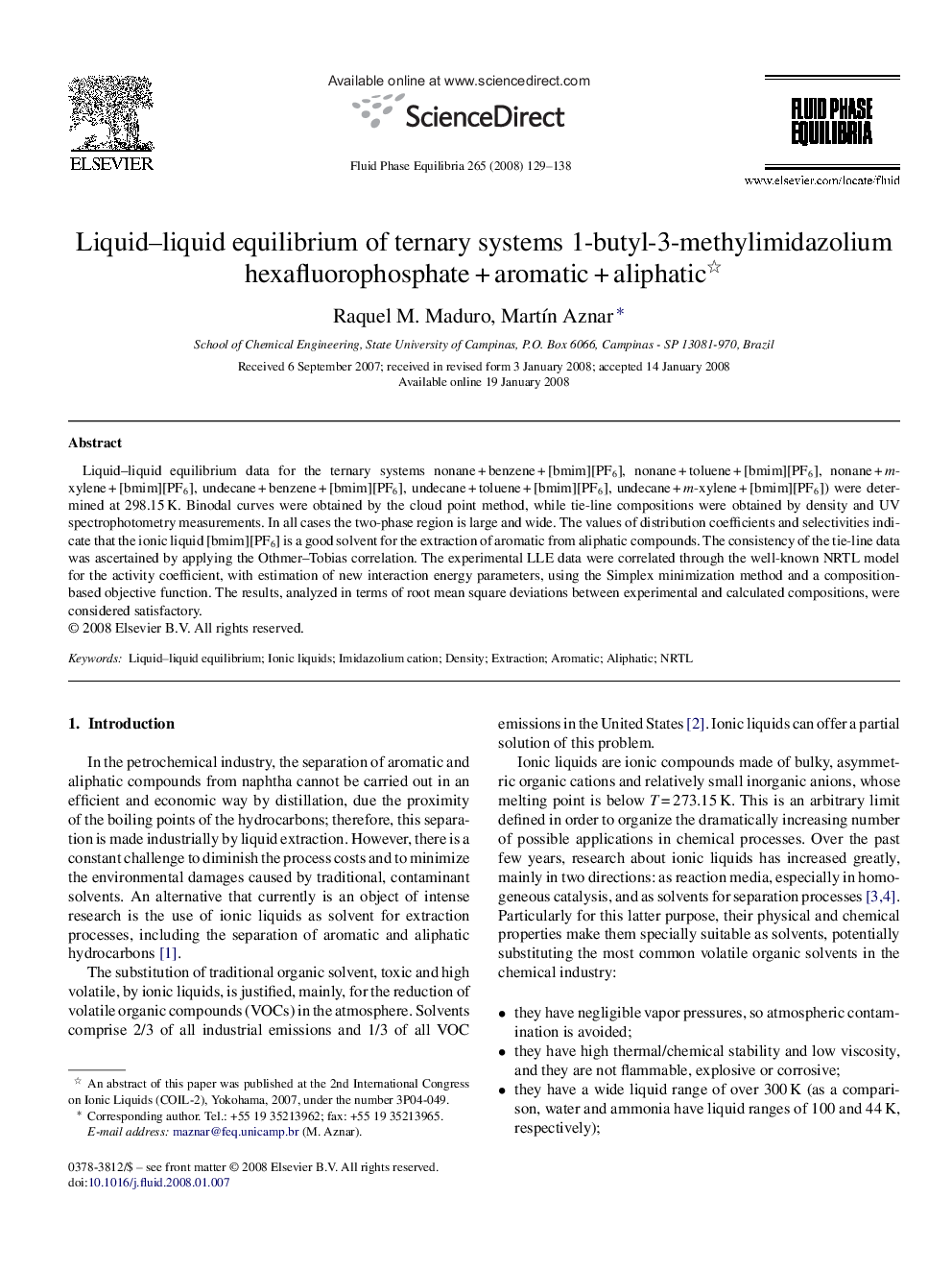 Liquid–liquid equilibrium of ternary systems 1-butyl-3-methylimidazolium hexafluorophosphate + aromatic + aliphatic 