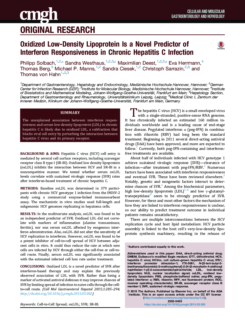 Oxidized Low-Density Lipoprotein Is a Novel Predictor of Interferon Responsiveness in Chronic Hepatitis C Infection