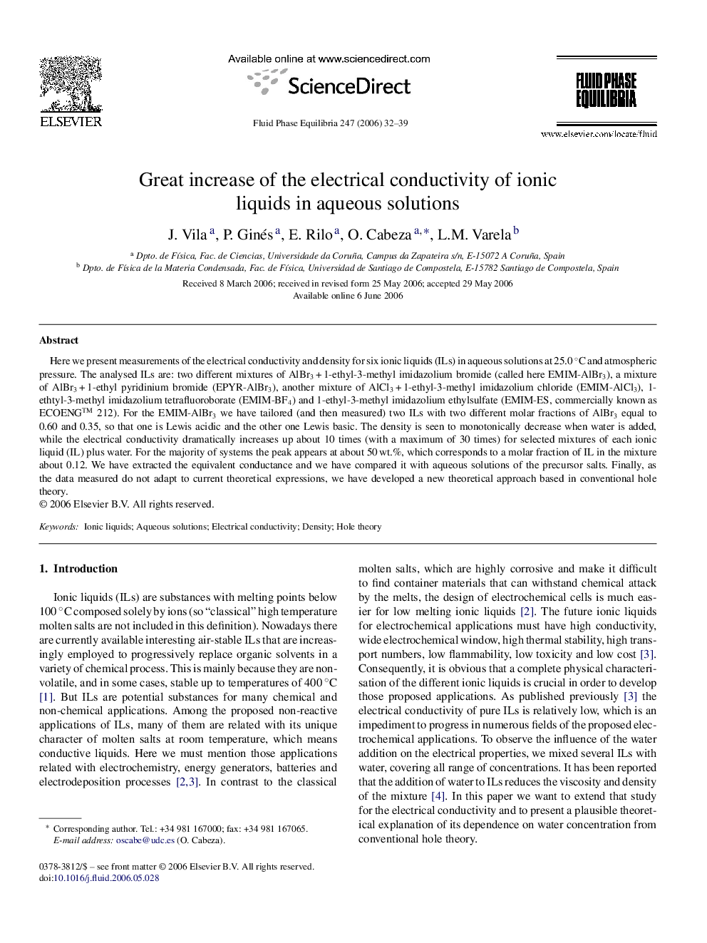 عکس صفحه اول مقاله: Great increase of the electrical conductivity of ionic liquids in aqueous solutions Great increase of the electrical conductivity of ionic liquids in aqueous solutions