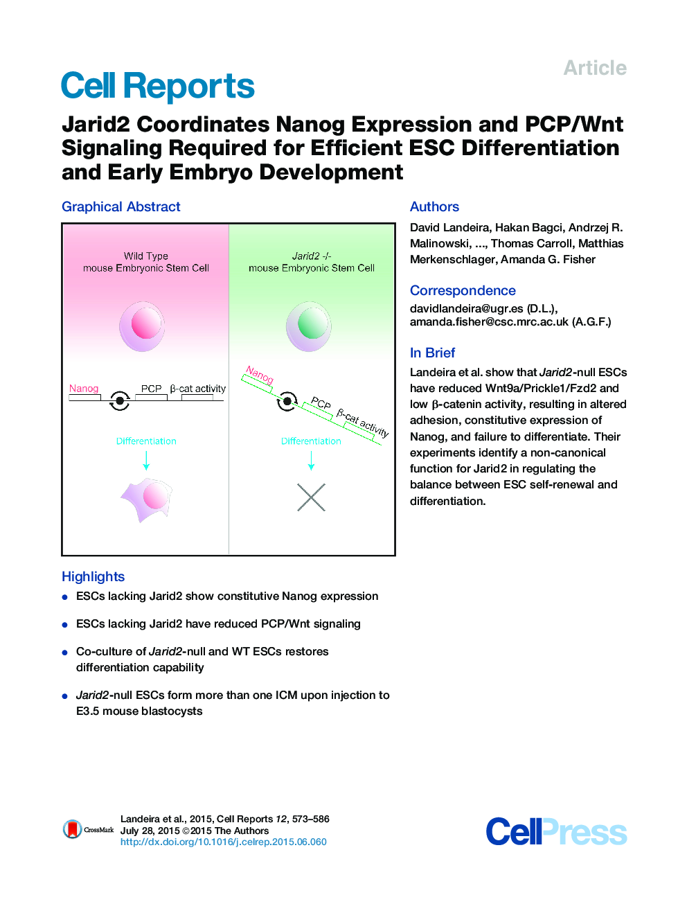 عکس صفحه اول مقاله: Jarid2 Coordinates Nanog Expression and PCP/Wnt Signaling Required for Efficient ESC Differentiation and Early Embryo Development Jarid2 Coordinates Nanog Expression and PCP/Wnt Signaling Required for Efficient ESC Differentiation and Early Embryo Development