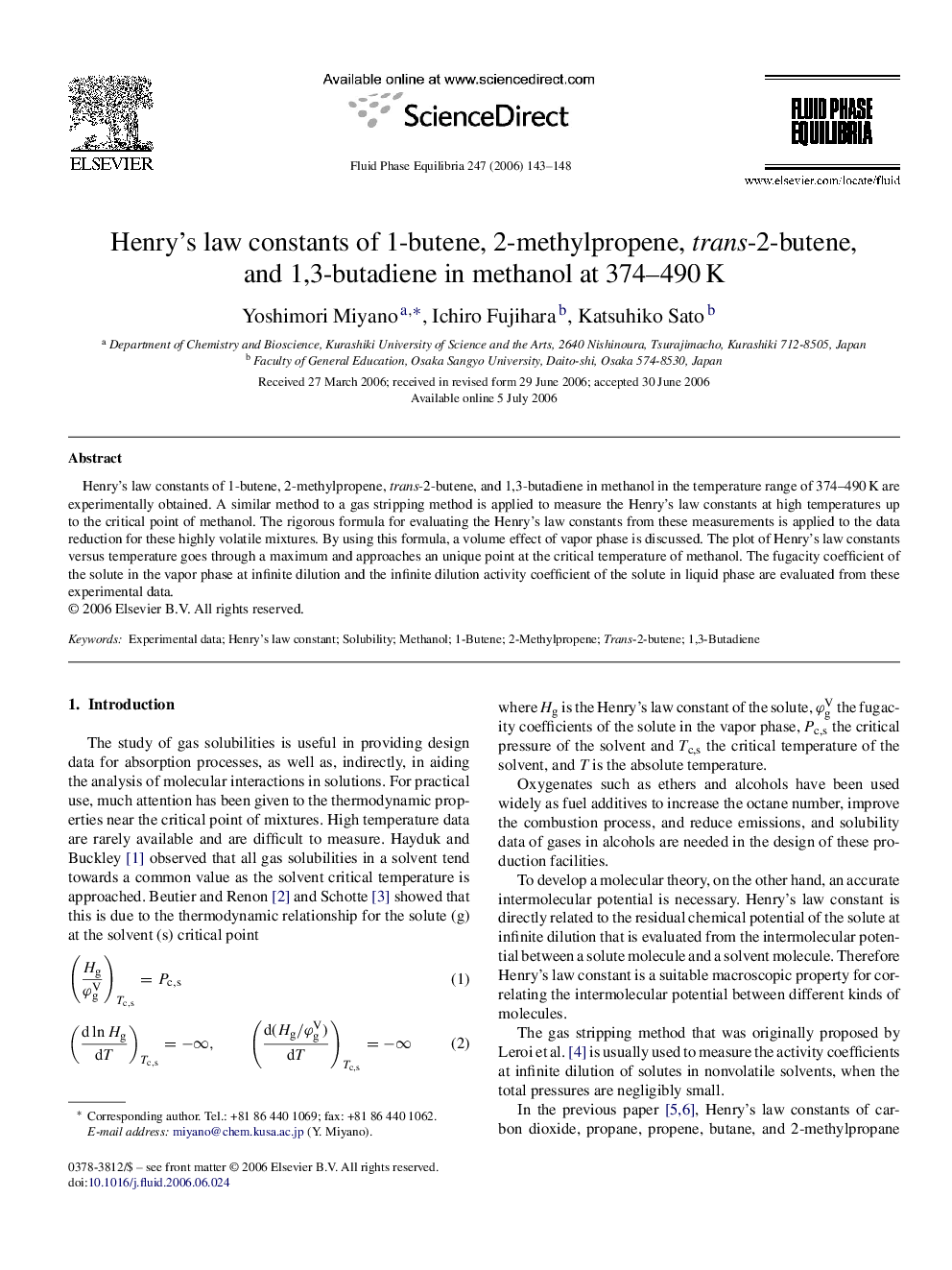 Henry's law constants of 1-butene, 2-methylpropene, trans-2-butene, and 1,3-butadiene in methanol at 374–490 K