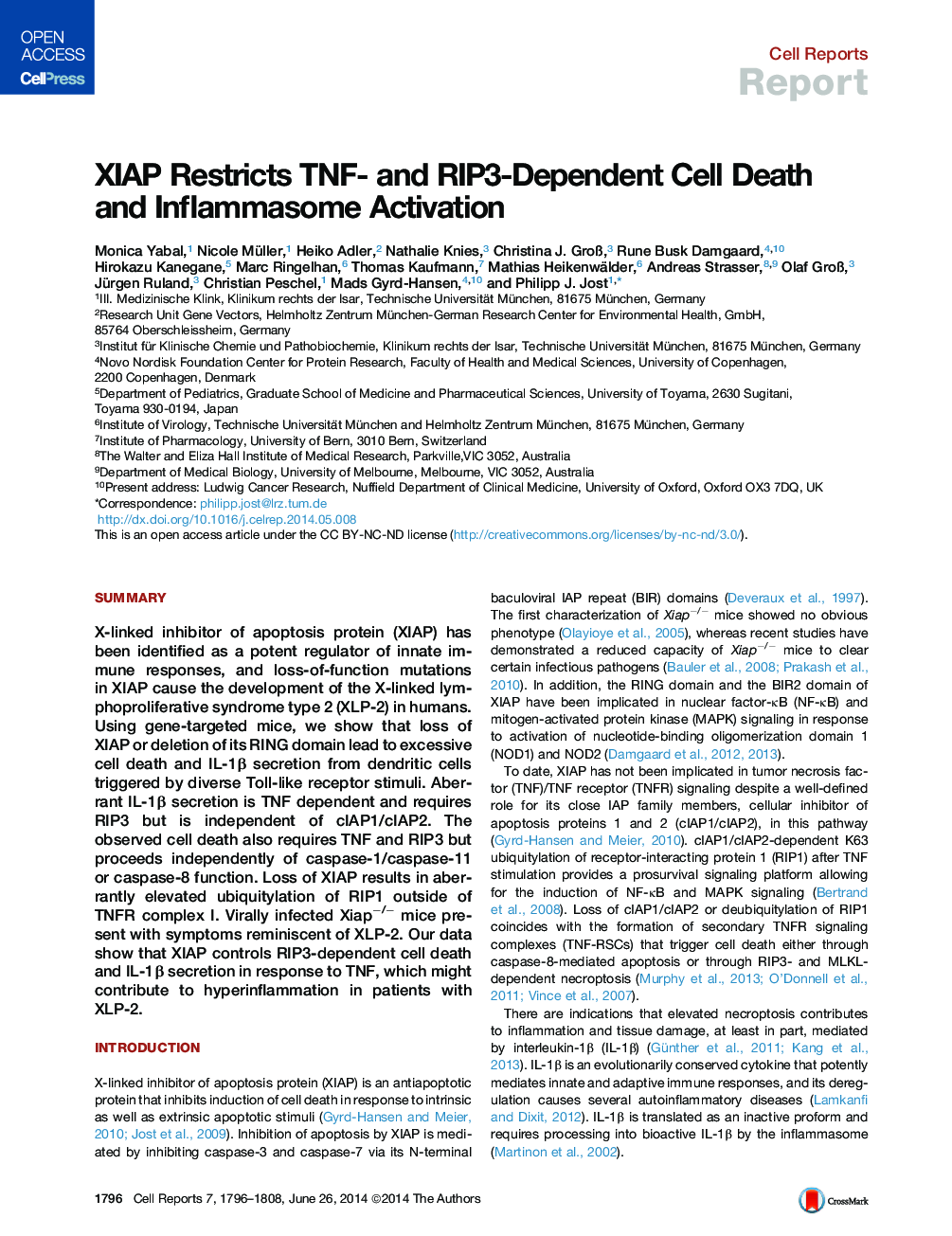 XIAP Restricts TNF- and RIP3-Dependent Cell Death and Inflammasome Activation 