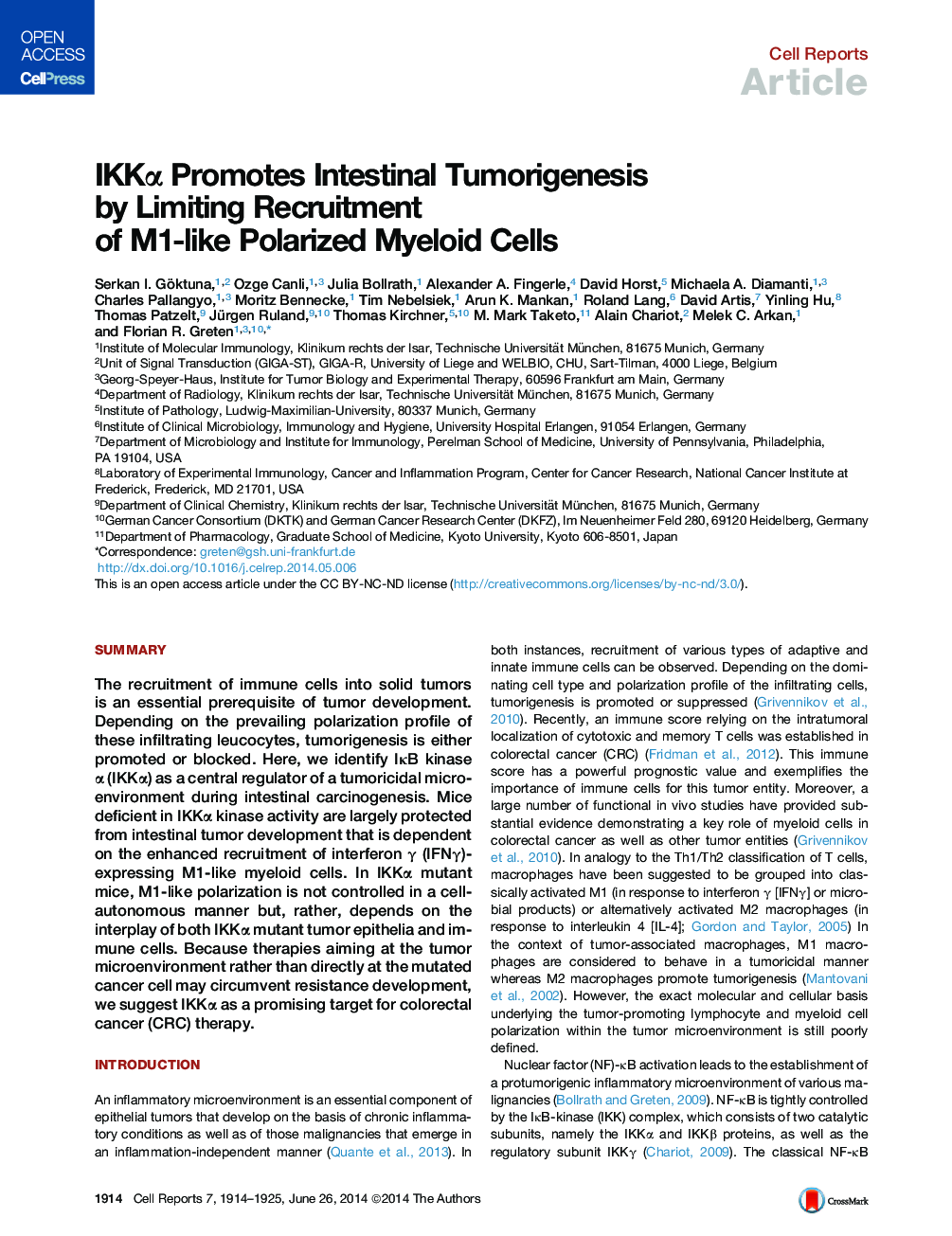 IKKα Promotes Intestinal Tumorigenesis by Limiting Recruitment of M1-like Polarized Myeloid Cells 