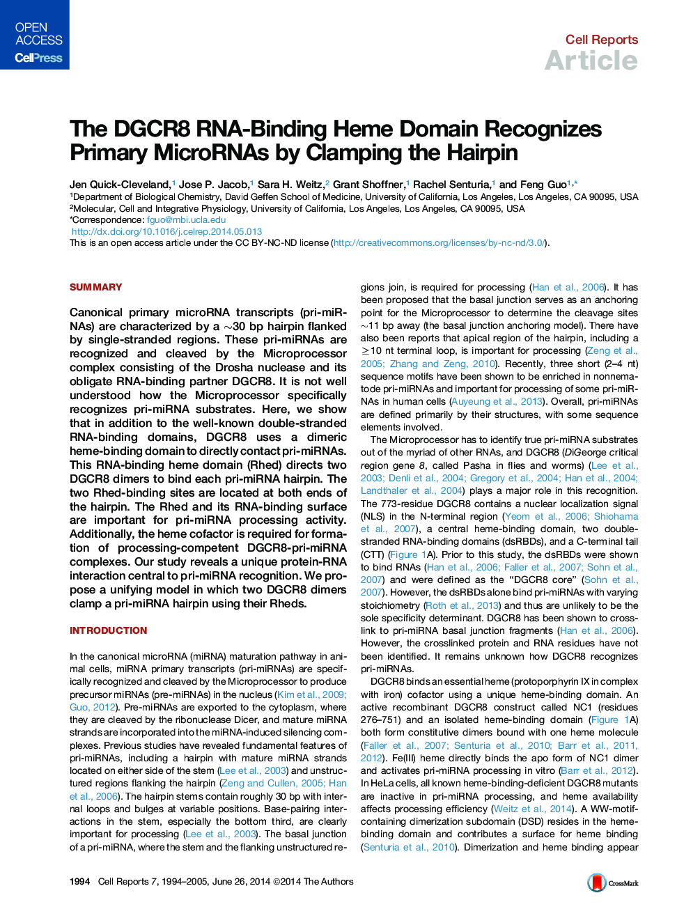 The DGCR8 RNA-Binding Heme Domain Recognizes Primary MicroRNAs by Clamping the Hairpin 