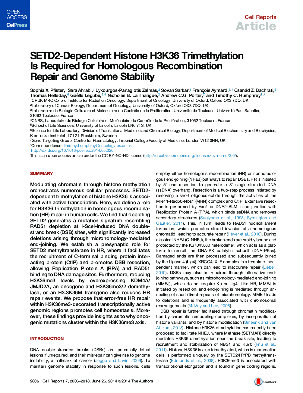 SETD2-Dependent Histone H3K36 Trimethylation Is Required for Homologous Recombination Repair and Genome Stability 