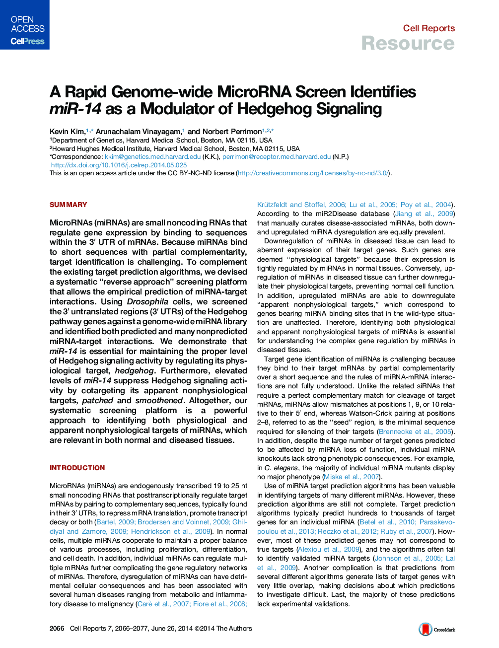 A Rapid Genome-wide MicroRNA Screen Identifies miR-14 as a Modulator of Hedgehog Signaling 