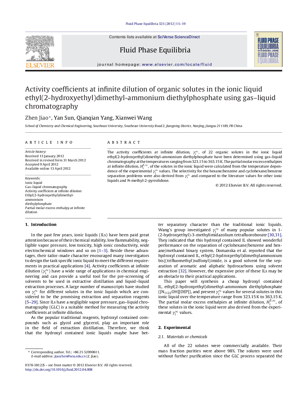 Activity coefficients at infinite dilution of organic solutes in the ionic liquid ethyl(2-hydroxyethyl)dimethyl-ammonium diethylphosphate using gas–liquid chromatography