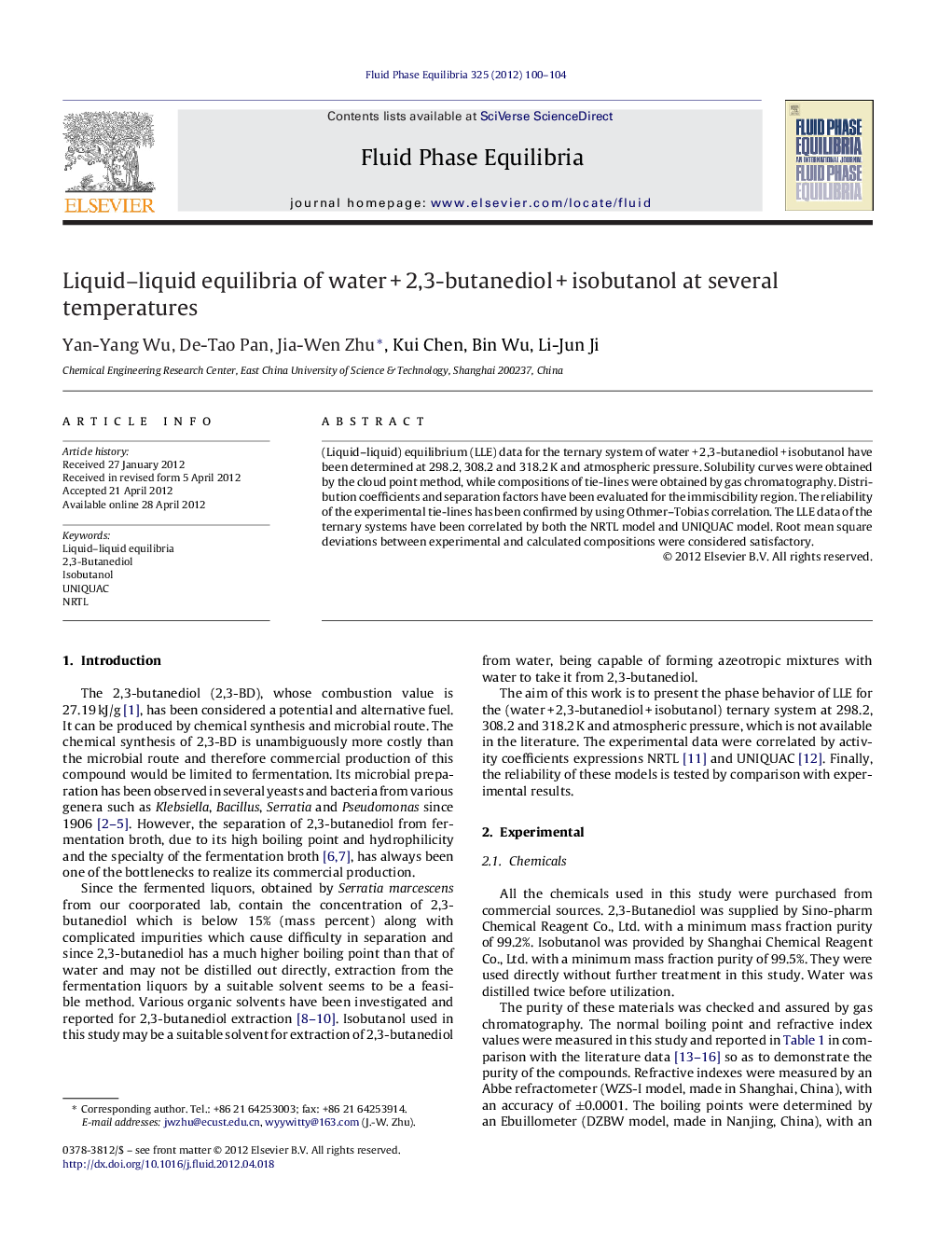 Liquid–liquid equilibria of water + 2,3-butanediol + isobutanol at several temperatures