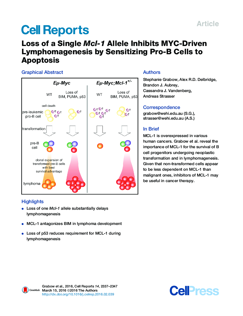 Loss of a Single Mcl-1 Allele Inhibits MYC-Driven Lymphomagenesis by Sensitizing Pro-B Cells to Apoptosis 