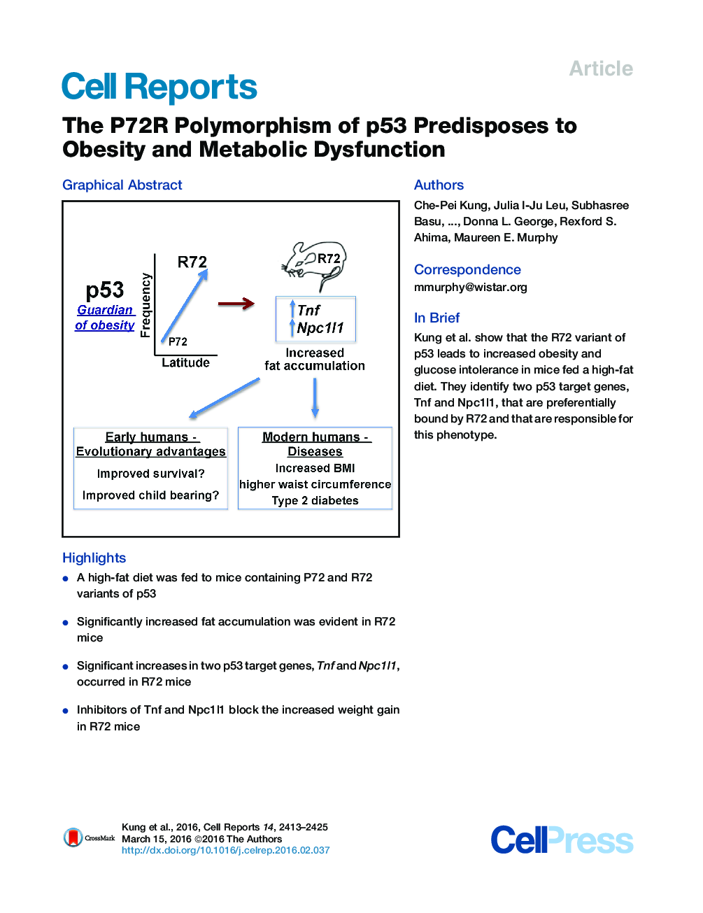 The P72R Polymorphism of p53 Predisposes to Obesity and Metabolic Dysfunction 