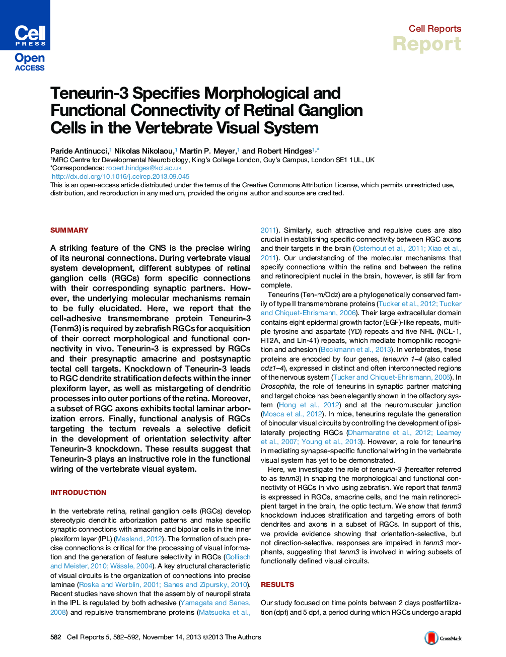 Teneurin-3 Specifies Morphological and Functional Connectivity of Retinal Ganglion Cells in the Vertebrate Visual System 