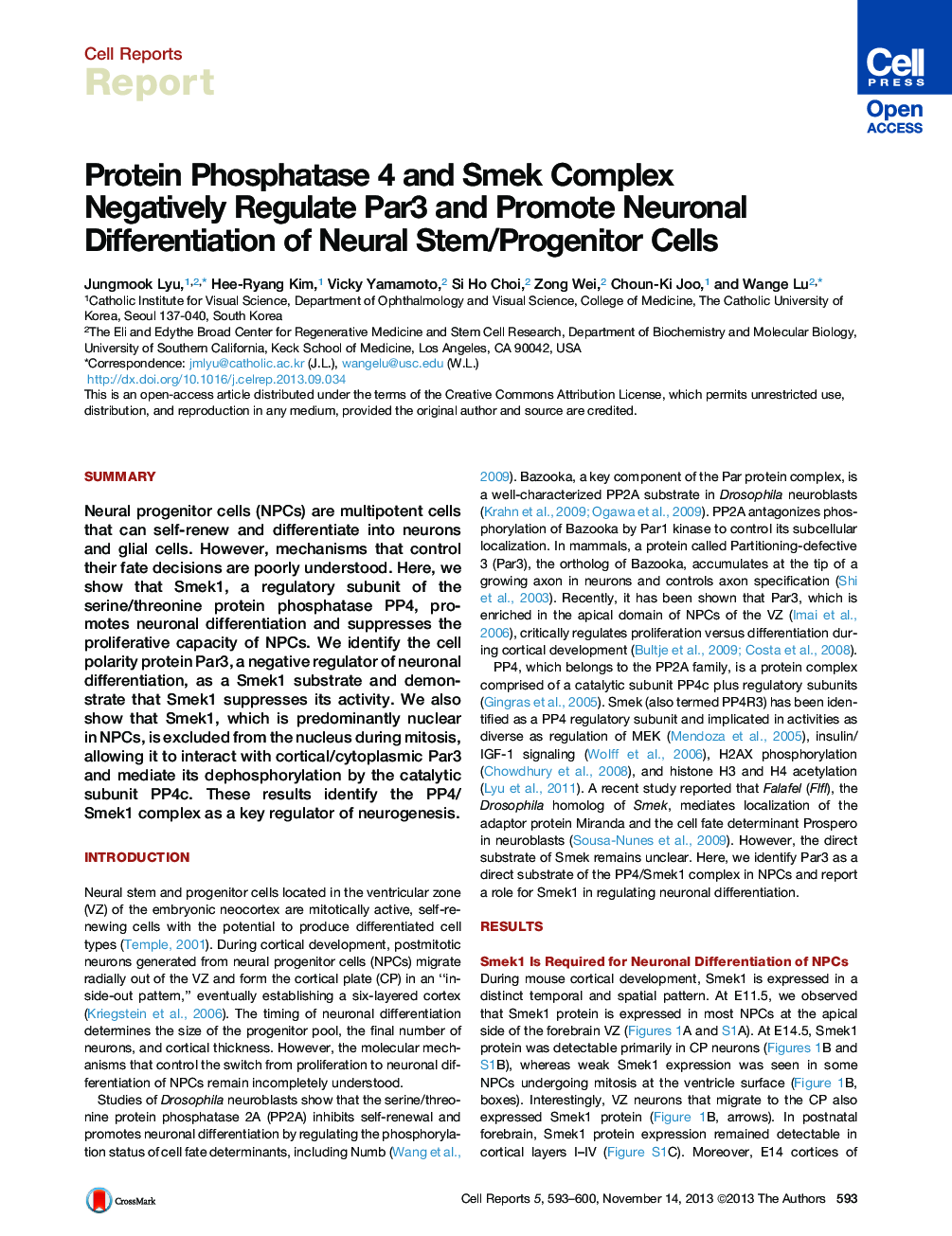 Protein Phosphatase 4 and Smek Complex Negatively Regulate Par3 and Promote Neuronal Differentiation of Neural Stem/Progenitor Cells 