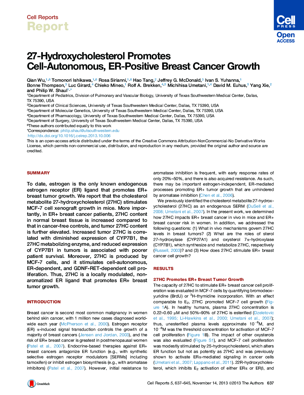 27-Hydroxycholesterol Promotes Cell-Autonomous, ER-Positive Breast Cancer Growth 