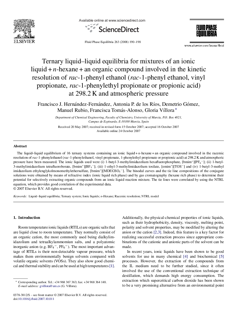 Ternary liquid–liquid equilibria for mixtures of an ionic liquid + n-hexane + an organic compound involved in the kinetic resolution of rac-1-phenyl ethanol (rac-1-phenyl ethanol, vinyl propionate, rac-1-phenylethyl propionate or propionic acid) at 298.2 