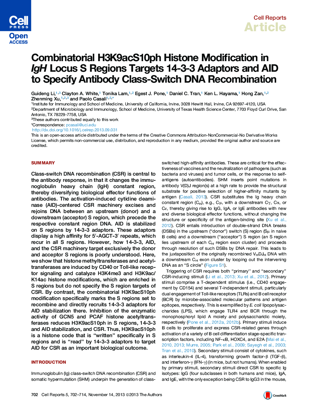 Combinatorial H3K9acS10ph Histone Modification in IgH Locus S Regions Targets 14-3-3 Adaptors and AID to Specify Antibody Class-Switch DNA Recombination 