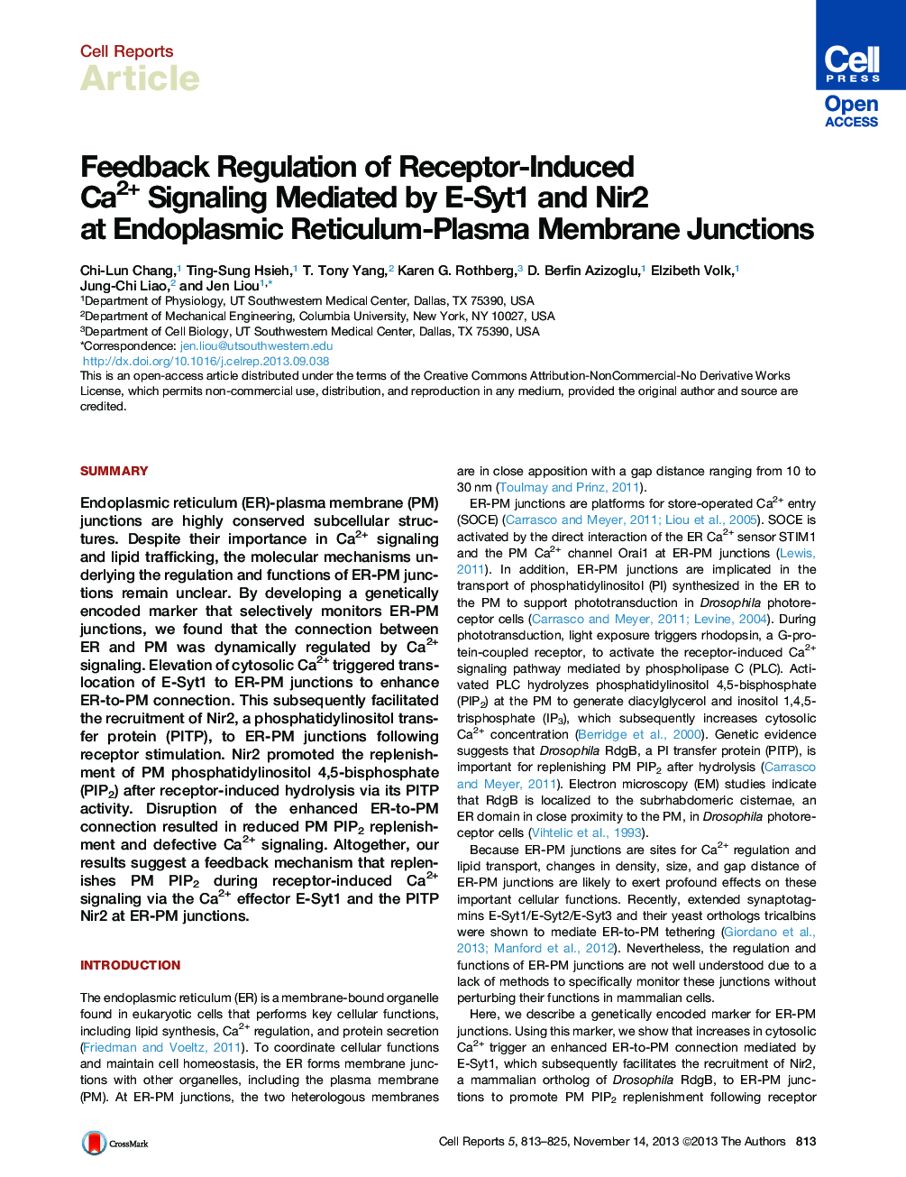 Feedback Regulation of Receptor-Induced Ca2+ Signaling Mediated by E-Syt1 and Nir2 at Endoplasmic Reticulum-Plasma Membrane Junctions 