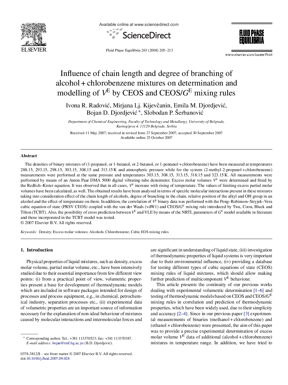 Influence of chain length and degree of branching of alcohol + chlorobenzene mixtures on determination and modelling of VE by CEOS and CEOS/GE mixing rules