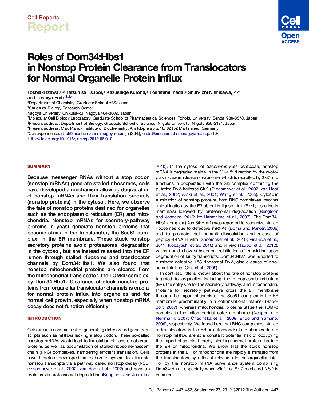 Roles of Dom34:Hbs1 in Nonstop Protein Clearance from Translocators for Normal Organelle Protein Influx