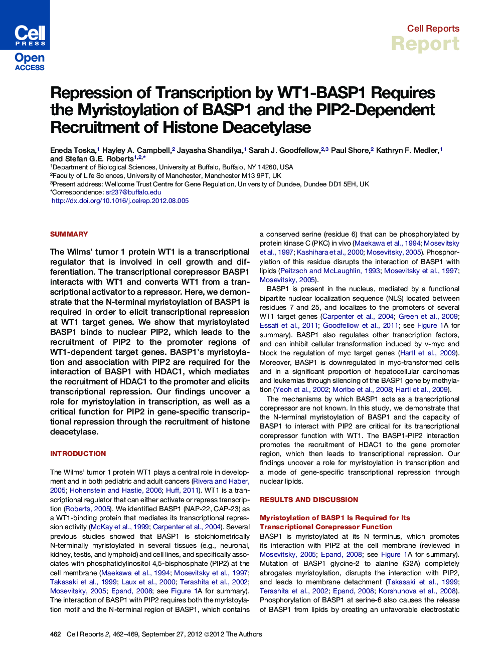 Repression of Transcription by WT1-BASP1 Requires the Myristoylation of BASP1 and the PIP2-Dependent Recruitment of Histone Deacetylase