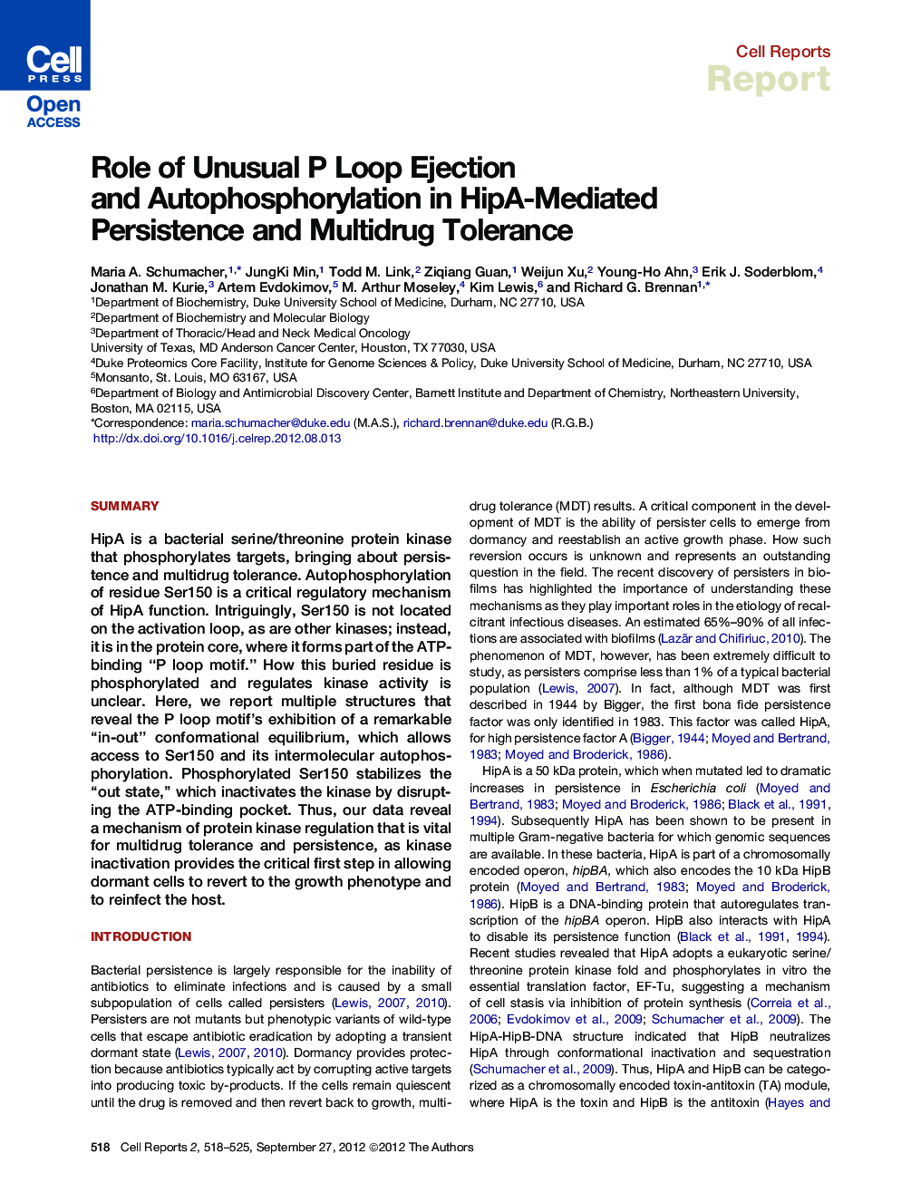 Role of Unusual P Loop Ejection and Autophosphorylation in HipA-Mediated Persistence and Multidrug Tolerance