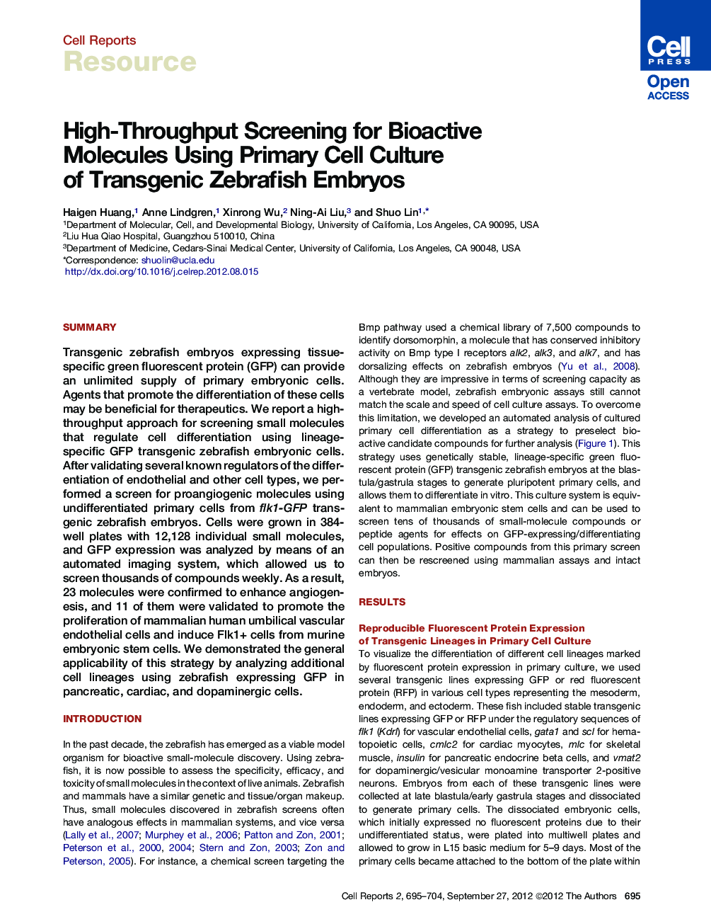 High-Throughput Screening for Bioactive Molecules Using Primary Cell Culture of Transgenic Zebrafish Embryos