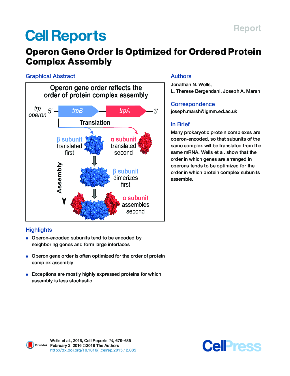 Operon Gene Order Is Optimized for Ordered Protein Complex Assembly 