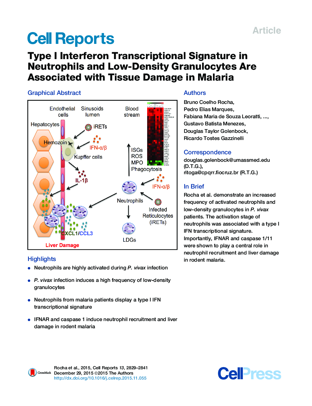 Type I Interferon Transcriptional Signature in Neutrophils and Low-Density Granulocytes Are Associated with Tissue Damage in Malaria 