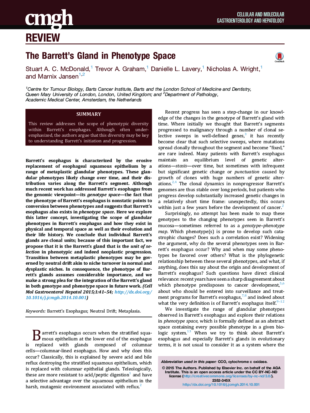 The Barrett’s Gland in Phenotype Space 