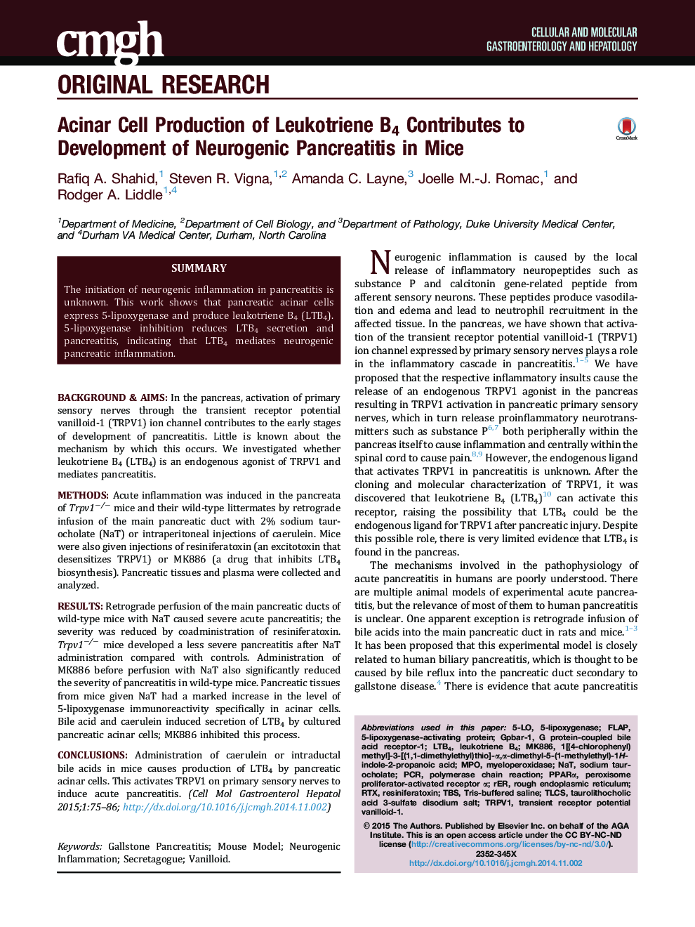 Acinar Cell Production of Leukotriene B4 Contributes to Development of Neurogenic Pancreatitis in Mice 