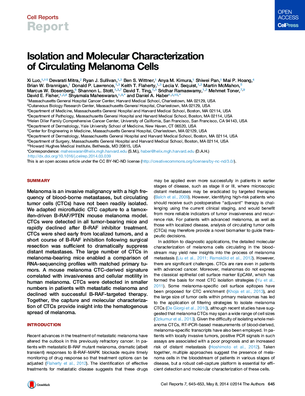 Isolation and Molecular Characterization of Circulating Melanoma Cells 