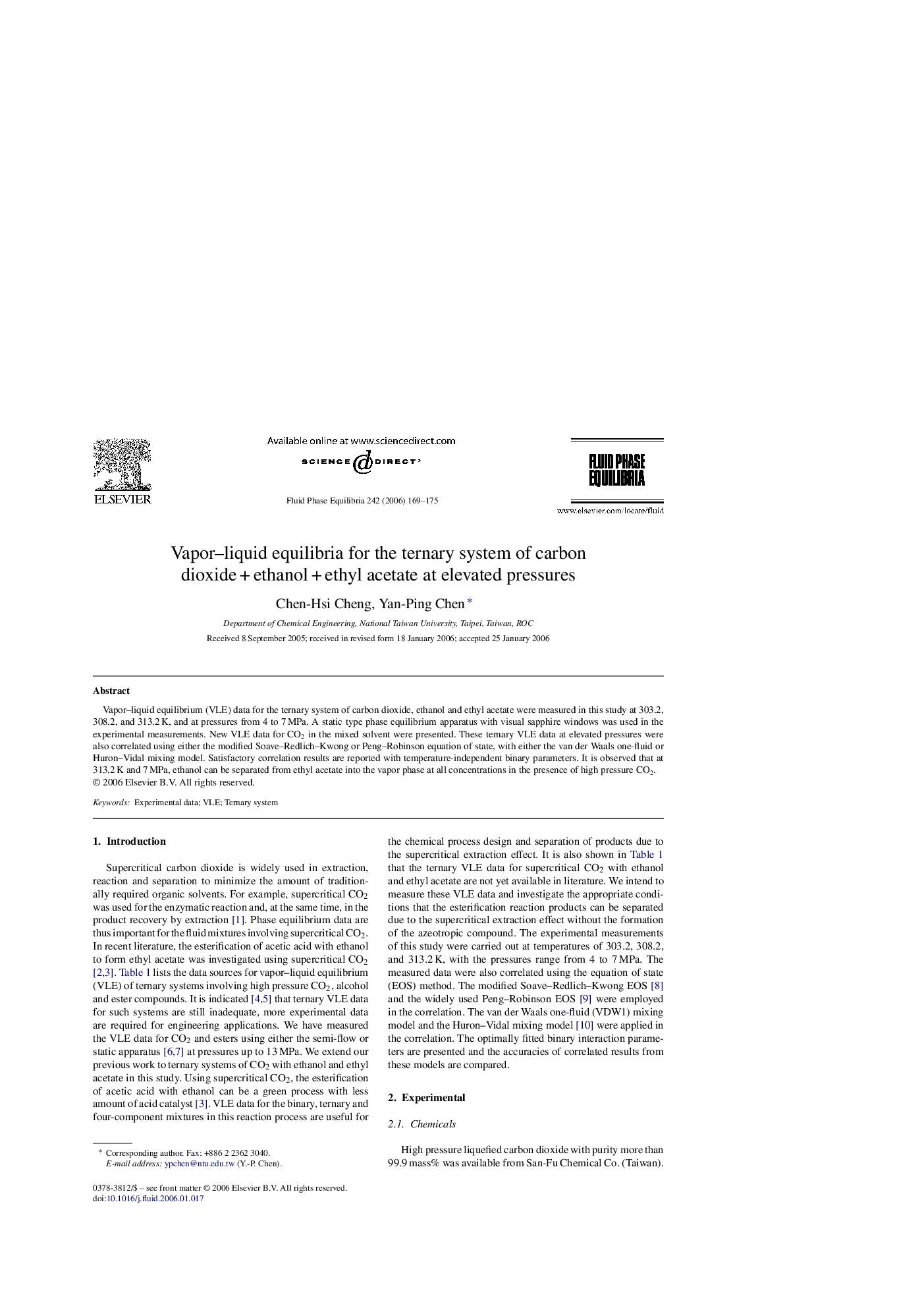 Vapor–liquid equilibria for the ternary system of carbon dioxide + ethanol + ethyl acetate at elevated pressures