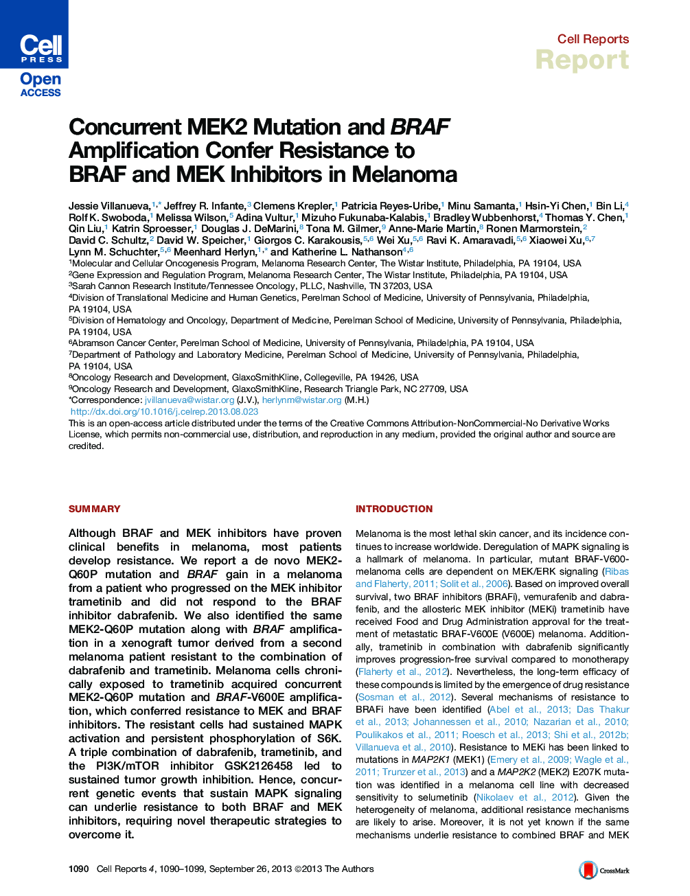 Concurrent MEK2 Mutation and BRAF Amplification Confer Resistance to BRAF and MEK Inhibitors in Melanoma 