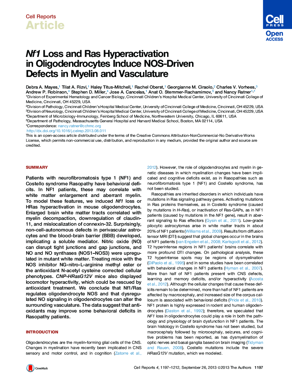 Nf1 Loss and Ras Hyperactivation in Oligodendrocytes Induce NOS-Driven Defects in Myelin and Vasculature 