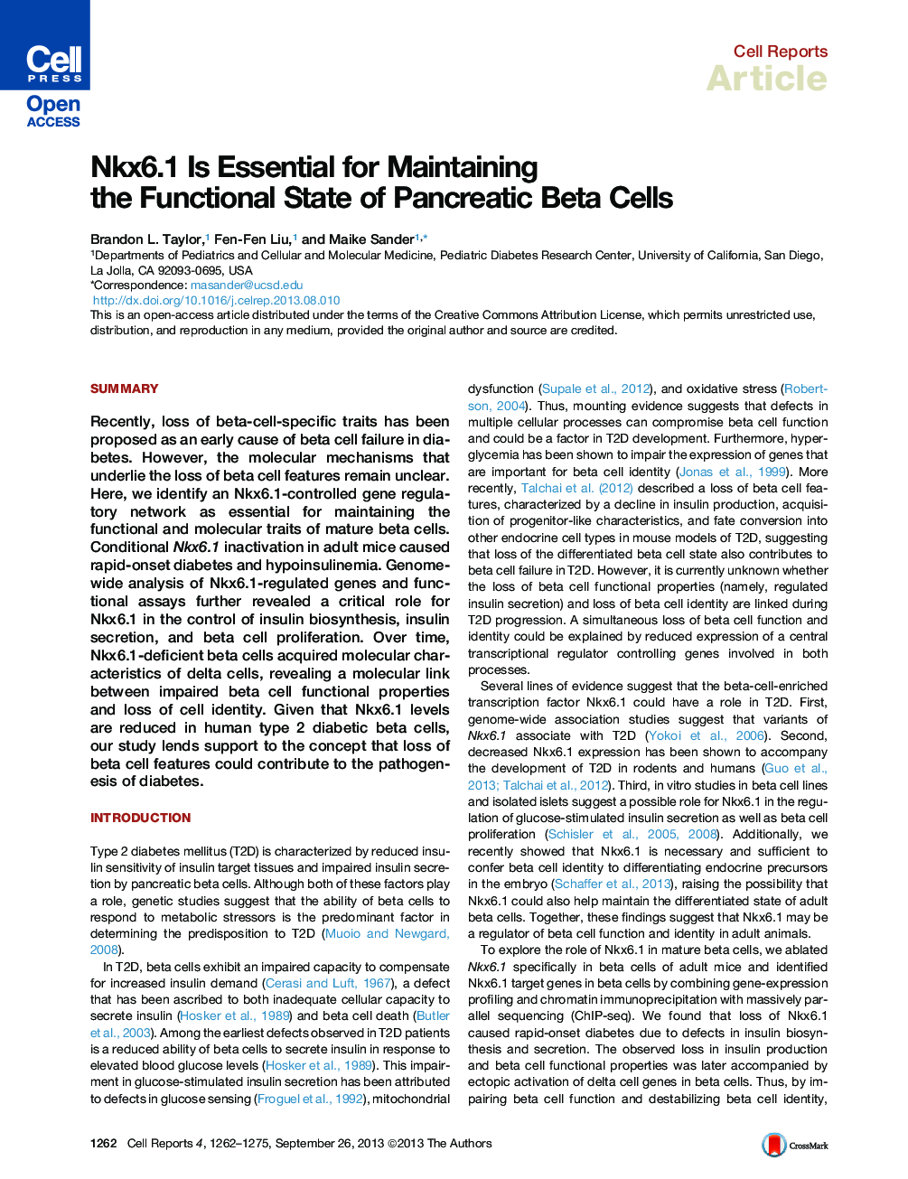 Nkx6.1 Is Essential for Maintaining the Functional State of Pancreatic Beta Cells 