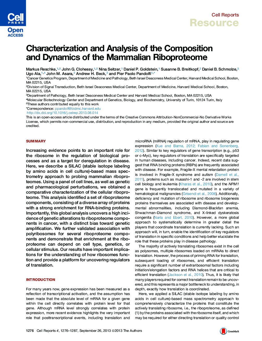 Characterization and Analysis of the Composition and Dynamics of the Mammalian Riboproteome 