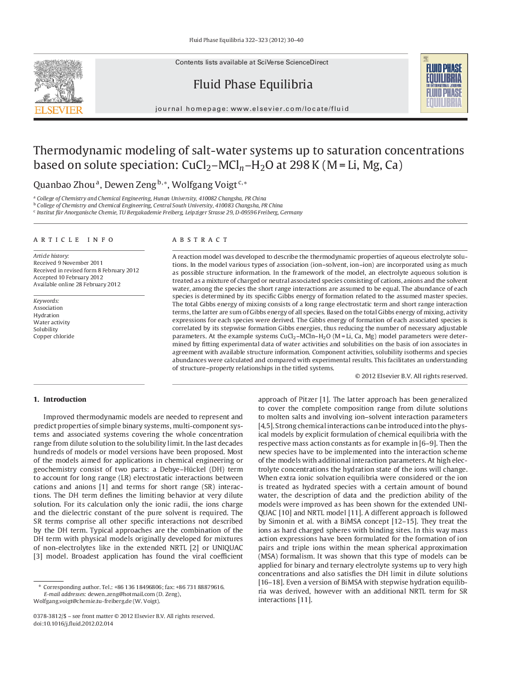عکس صفحه اول مقاله: Thermodynamic modeling of salt-water systems up to saturation concentrations based on solute speciation: CuCl2–MCln–H2O at 298 K (M = Li, Mg, Ca) Thermodynamic modeling of salt-water systems up to saturation concentrations based on solute speciation: CuCl2–MCln–H2O at 298 K (M = Li, Mg, Ca)